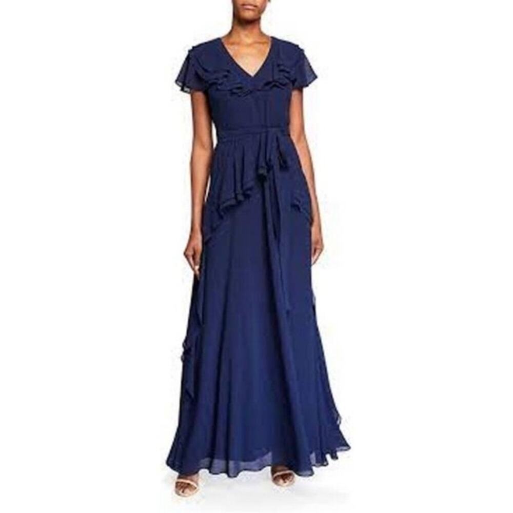 Shani Navy Blue Ruffle Trim V-Neck Flutter Sleeve Formal Evening Maxi Dress 6